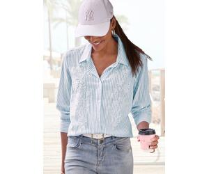 Langarmbluse LASCANA, Damen, Gr. 46, blau, creme gestreift, Web, Obermaterial: 55% Baumwolle, 35% Viskose, 10% Leinen, bestickt, gestreift, figurumspielend kniebedeckend, mit Knopf, Blusen, mit floral