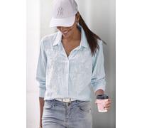 Langarmbluse LASCANA, Damen, Gr. 40, blau, creme gestreift, Web, Obermaterial: 55% Baumwolle, 35% Viskose, 10% Leinen, bestickt, gestreift, figurumspielend kniebedeckend, mit Knopf, Blusen, mit floral