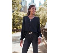 Langarmbluse LASCANA, Damen, Gr. 38, schwarz, Web, Obermaterial: 100% Polyester, unifarben, modisch, figurumspielend hüftlang, V-Ausschnitt, Blusen, mit Reißverschlussdetail, elegante Damenbluse (4608