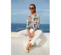 Langarmbluse MADELEINE "Blusenshirt Fließende Viskosebluse mit Blumenmuster", Damen, Gr. 42, blau (hellblau, gemustert), Obermaterial: 100% Viskose CV., Modern, figurumspielend, Blusen, Gummibündchen 