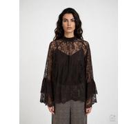 Langarmbluse MILANO ITALY, Damen, Gr. 36, braun (mocca print), Web, Material: 50% Baumwolle, 50% Polyester, unifarben, regular fit normal, Rundhals, eingesetzt, Blusen, und transparenter Spitze (48496