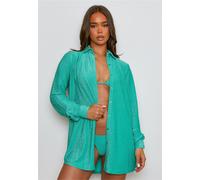 Langarmbluse MODA MINX "Lumiere", Damen, Gr. M, blau (türkis), 85% Polyester, 8% Elasthan, 7% Metall, unifarben, lang, ohne Ausschnitt, Blusen, mit tollem Schimmer (10985125-M) türkis
