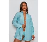 Langarmbluse MODA MINX "Lumiere", Damen, Gr. S, blau, 85% Polyester, 8% Elasthan, 7% Metall, unifarben, lang, ohne Ausschnitt, Blusen, mit tollem Schimmer (38672211-S) blau