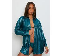 Langarmbluse MODA MINX "Shimmering Lights", Damen, Gr. S, blau (petrol), 92% Polyester, 8% Elasthan, unifarben, lang, ohne Ausschnitt, Blusen, mit tollem Schimmer (22627047-S) petrol