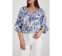 Langarmbluse MONARI "Bluse Blumendruck allover", Damen, Gr. 40, marine gem, Web, Obermaterial: 100% Baumwolle, geblümt, regular fit taillenlang, Rundhals, elastischer Bund, Blusen, Regular fit mit Blu