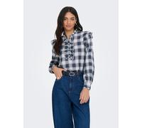 Langarmbluse ONLY "ONLFIGA L/S FLOUNCE TOP WVN", Damen, Gr. M, cloud dancer checks:night sky, Web, Obermaterial: 100% Baumwolle, kariert, regular fit hüftlang, Blusen (47509608-M) cloud dancer checks: