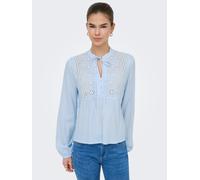 Langarmbluse ONLY "ONLLENNYO LS EMBROID V-NECK TOP NOOS WVN", Damen, Gr. S, kentucky blau stripes:hellweiß, Web, Obermaterial: 100% Viskose, gestreift, regular fit normal, elastischer Bund, Blusen Lan