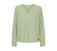 OXMO OXANJA Damen Bluse aus Leinenmix Shirt Langarm klassisch mit V-Ausschnitt und Knöpfen Regular Fit und Knöpfbare Ärmel, Größe:42, Farbe:Seagrass (166008)