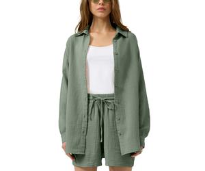 Langarmbluse QS, Damen, Gr. 38, grün (olive), Crash, Obermaterial: 100% Baumwolle, unifarben, lässig geschnitten Po-bedeckend, Rundhals, 1-Knopf-Manschette, Blusen, Bluse extra lang, in Crashed-Optik