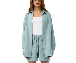 Langarmbluse QS, Damen, Gr. 38, sage grün, Crash, Obermaterial: 100% Baumwolle, unifarben, lässig geschnitten Po-bedeckend, Rundhals, 1-Knopf-Manschette, Blusen, Bluse extra lang, in Crashed-Optik (71