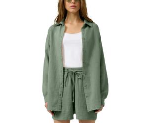 Langarmbluse QS, Damen, Gr. 40, grün (olive), Crash, Obermaterial: 100% Baumwolle, unifarben, lässig geschnitten Po-bedeckend, Rundhals, 1-Knopf-Manschette, Blusen, Bluse extra lang, in Crashed-Optik