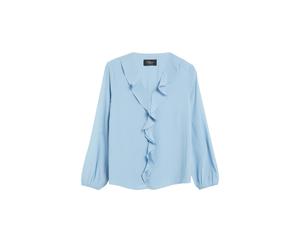Langarmbluse S.OLIVER BLACK LABEL, Damen, Gr. 40, blau (faded blau), Web, Obermaterial: 100% Polyester, unifarben, bequem hüftbedeckend, V-Ausschnitt, elastischer Bund, Blusen, mit Volant-Verzierung a