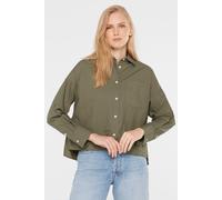 Langarmbluse SENSES.THE LABEL, Damen, Gr. XS, khaki, Material: 100% Baumwolle, unifarben, gerade kurz, hoch geschlossener Ausschnitt, Ärmel mit Ärmelschlitz 1-Knopf-Manschette, Blusen, mit Seitenschli