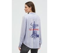 Langarmbluse SOCCX, Damen, Gr. XXL, cool blau, Web, Material: 85% Viskose, 15% Leinen, bedruckt, gestreift, regular fit normal, hoch geschlossener Ausschnitt, Ärmel mit Ärmelschlitz 1-Knopf-Manschette