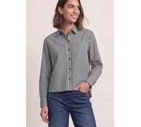 Langarmbluse STREET ONE, Damen, Gr. 36, grau (schwarzest blau), Web, 100% Baumwolle, gestreift, regular fit normal, V-Ausschnitt, Umschlagbund, Blusen, mit dekorativer Knopfleiste (99842564-36) schwar