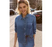 Langarmbluse STREET ONE STUDIO, Damen, Gr. 46, mid blau authentic washed, Web, 71% Baumwolle, 27% Polyester, 2% Elasthan, unifarben, normal normal, V-Ausschnitt, Bündchen, Blusen, im Denim-Style (6904