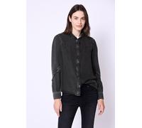 Langarmbluse STREET ONE STUDIO, Damen, Gr. 46, schwarz (schwarz washed), Stoff, 100% Lyocell, unifarben, normal normal, hoch geschlossener Ausschnitt, Bündchen, Blusen, mit Stehkragen (97595226-46) sc