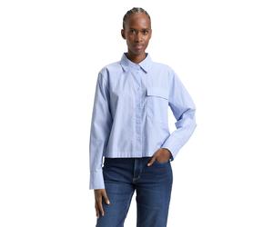 Langarmbluse TOM TAILOR DENIM, Damen, Gr. XL, blau (blau weiß strripe), Web, Obermaterial: 100% Baumwolle, gestreift, lässig geschnitten hüftlang, Rundhals, 1-Knopf-Manschette, Blusen, gestreift, kurz