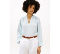 Langarmbluse TOMMY HILFIGER "ESSENTIAL LINEN V-NECK LONGSLEEVE BLOUSE", Damen, Gr. L (42/44), keepsake blau, Web, Obermaterial: 100% Leinen, unifarben, gerade normal, V-Ausschnitt, mit Knopf mit Schli