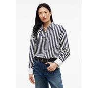 Langarmbluse TOMMY HILFIGER "FLUID DOUBLE CUFF SHIRT", Damen, Gr. 36, blau (banker stp dunkelblau ecru), Web, Obermaterial: 87% Viskose, 13% Nylon, gestreift, normal, Umschlagmanschette, Blusen, Visko