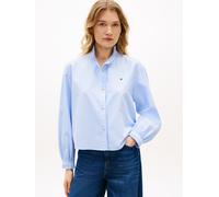 Langarmbluse TOMMY HILFIGER "OXFORD CROP RUFFLE LS SHIRT", Damen, Gr. 42, mid blau, Web, Obermaterial: 100% Baumwolle, unifarben, gerade hüftlang, mit Knopf Rüschen, Blusen Langarmbluse, mit Rüschen-D