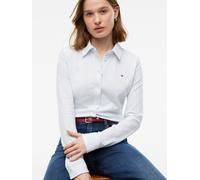 Langarmbluse TOMMY HILFIGER "SLIM PIQUE", Damen, Gr. L (42/44), flag print ecru, sky blau, Web, Obermaterial: 96% Baumwolle, 4% Elasthan, gestreift, normal, Blusen, Baumwollmischung, slim fit (8244611