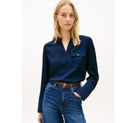 Langarmbluse TOMMY HILFIGER "VIS TWILL V NECK BLOUSE LS", Damen, Gr. 40, blau (schwarz night navy), Web, Obermaterial: 100% Viskose, unifarben, normal, Blusen, mit Knopfleiste (17493336-40) schwarz ni