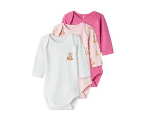 Langarmbody NAME IT "NBFBODY 3P LS IBIS ROSE DEER NOOS", Mädchen, Gr. 92, N-Gr, rosa (ibis rose), Sweatware, Obermaterial: 100% Baumwolle, bedruckt, unifarben, regular fit, amerikanischer Ausschnitt,