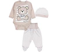 Langarmbody TUPTAM "Set Baby Bekleidungsset Langarmbody Hose Mütze3 teilig", Jungen, Gr. 50, N-Gr, blau (teddybär beige), Obermaterial: 100% Baumwolle CO., Bodys (18002423-50) teddybär beige