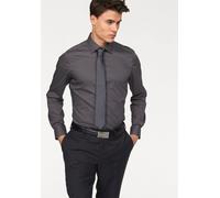 Langarmhemd BRUNO BANANI "Slim-fit", Herren, Gr. 39/40 (M), D-Gr, grau (anthrazit), Obermaterial: 97% Baumwolle, 3% Elasthan, unifarben, Basic, schmal normal, Ärmel mit Ärmelschlitz runde 2-Knopf-Mans