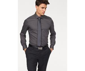 Langarmhemd BRUNO BANANI "Slim-fit", Herren, Gr. 41/42 (L), D-Gr, grau (anthrazit), Obermaterial: 97% Baumwolle, 3% Elasthan, unifarben, Basic, schmal normal, Ärmel mit Ärmelschlitz runde 2-Knopf-Mans