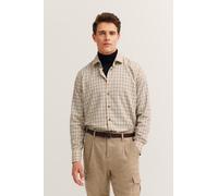 Langarmhemd BUGATTI "Modern Fit", Herren, Gr. XL, Normalgrößen, beige (390, beige), 50% Polyester, 40% Viskose, 10% Wolle, kariert, normal, eckige 2-Knopf-Manschette, Hemden, kariert, Kent-Kragen, wei