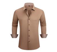 Langarmhemd Herren Klassisch Business Casual Einfarbig Shirt Regular Fit Leichte Revers Mode Shirts E-Khaki S