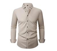 Langarmhemd Herren Klassisch Business Casual Mode Shirts Leichte Atmungsaktiv Einfarbig Revers Shirt G-Khaki 3XL
