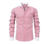 Langarmhemd Herren Klassisch Business Casual Mode Shirts Leichte Atmungsaktiv Gestreift Revers Shirt C-Red M