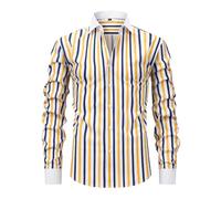 Langarmhemd Herren Klassisch Business Casual Mode Shirts Leichte Atmungsaktiv Gestreift Revers Shirt E-Yellow Blue M