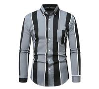 Langarmhemd Herren Leichte Atmungsaktiv Gestreift Revers Shirt Klassisch Business Casual Mode Shirts D-Dark Grey 4XL