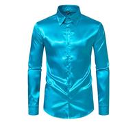 Langarmhemd Herren Regular Fit Leichte Einfarbig Revers Shirt Klassisch Business Casual Mode Shirts F-Blue L