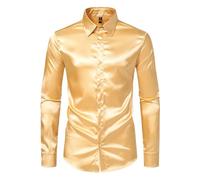 Langarmhemd Herren Regular Fit Leichte Einfarbig Revers Shirt Klassisch Business Casual Mode Shirts D-Yellow L