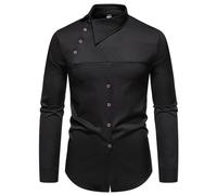 Langarmhemd Herren Regular Fit Leichte Stehkragen Einfarbig Shirt Klassisch Business Casual Mode Shirts N-Black M