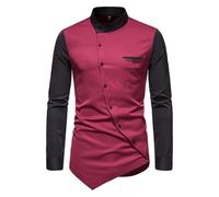 Langarmhemd Herren Regular Fit Leichte Stehkragen Einfarbig Shirt Klassisch Business Casual Mode Shirts L-Wine Red XL