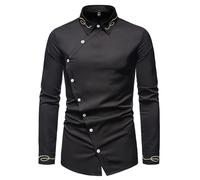 Langarmhemd Herren Regular Fit Leichte Stehkragen Einfarbig Shirt Klassisch Business Casual Mode Shirts G-Black XL