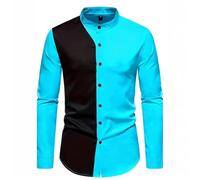 Langarmhemd Herren Regular Fit Leichte Stehkragen Spleißen Shirt Klassisch Business Casual Mode Shirts L-Lake Blue L