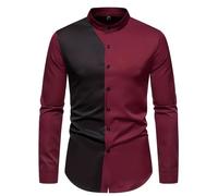 Langarmhemd Herren Regular Fit Leichte Stehkragen Spleißen Shirt Klassisch Business Casual Mode Shirts I-Wine Red L