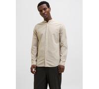 Langarmhemd JACK & JONES "JJEBREEZE BAND SHIRT LS SN", Damen, Gr. XS, N-Gr, beige (crockery), Web, Obermaterial: 70% Baumwolle, 30% Leinen, unifarben, slim fit taillenbedeckt, ohne Ausschnitt, Mansche
