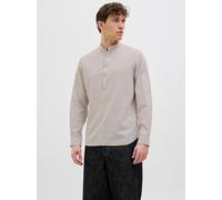 Langarmhemd JACK & JONES "JJESUMMER HALF PLACKET SHIRT LS SN", Herren, Gr. S, N-Gr, beige (crockery), Web, Obermaterial: 83% Baumwolle, 17% Leinen, unifarben, modisch, comfort fit taillenbedeckt, ohne