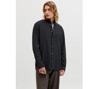 Langarmhemd JACK & JONES "JJESUMMER LINEN BLEND BAND SHIRT L/S SN", Herren, Gr. L, N-Gr, schwarz, Web, Obermaterial: 70% Baumwolle, 30% Leinen, unifarben, regular fit normal, 1-Knopf-Manschette, Hemde