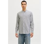 Langarmhemd JACK & JONES "JJESUMMER LINEN BLEND BAND SHIRT L/S SN", Herren, Gr. M, N-Gr, vetiver stripes:stripes, Web, Obermaterial: 70% Baumwolle, 30% Leinen, gestreift, regular fit normal, 1-Knopf-M