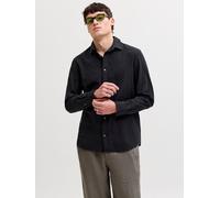 Langarmhemd JACK & JONES "JJESUMMER LINEN BLEND SHIRT L/S SN", Herren, Gr. L, N-Gr, schwarz, Web, Obermaterial: 70% Baumwolle, 30% Leinen, unifarben, normal normal, Hemden, Baumwollmischung, regular f