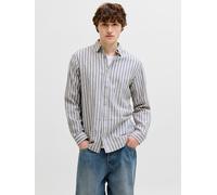 Langarmhemd JACK & JONES "JJESUMMER LINEN BLEND SHIRT L/S SN", Herren, Gr. L, N-Gr, vetiver stripes:stripes, Web, Obermaterial: 70% Baumwolle, 30% Leinen, gestreift, normal normal, Hemden, Baumwollmis